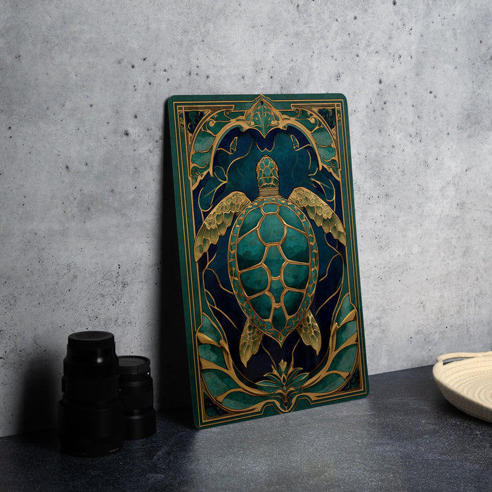 a large, ornate, and intricately designed turtle artwork on a dark surface, with a stack of black camera lenses and a white dish visible in the background.