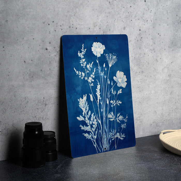 a blue sign with white floral designs, placed on a gray countertop next to a stack of black camera lenses.