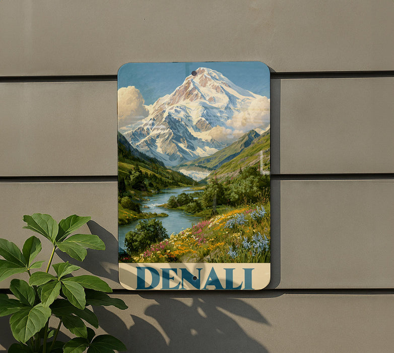 A framed painting of a mountain landscape with a river and flowers is hanging on a wall, with a plant to the left of the frame.