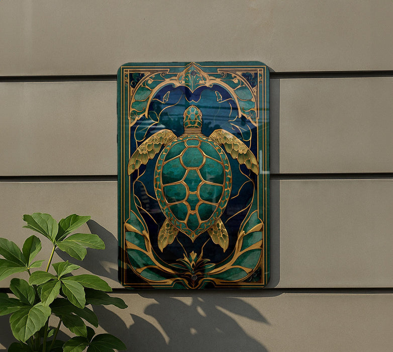 a decorative tile or artwork depicting a turtle, with intricate patterns and designs surrounding it.