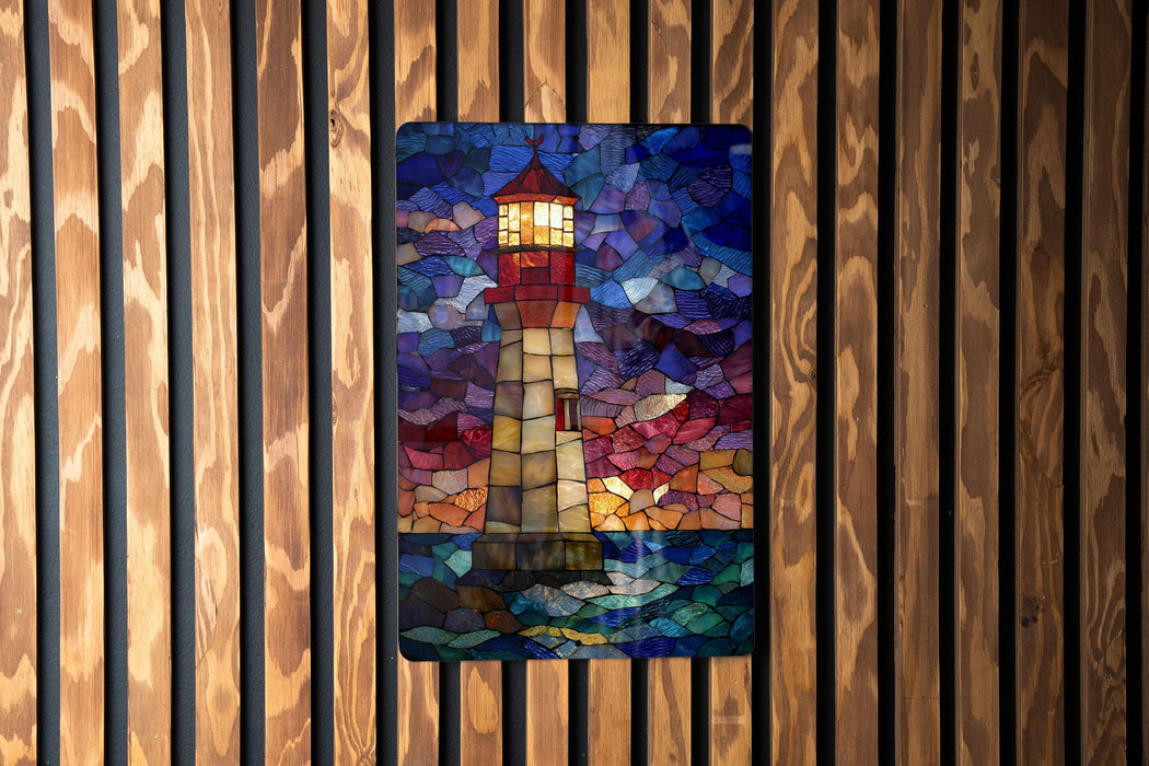 A stained glass lighthouse with a colorful mosaic pattern is displayed on a wooden wall.