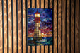 A stained glass lighthouse with a colorful mosaic pattern is displayed on a wooden wall.