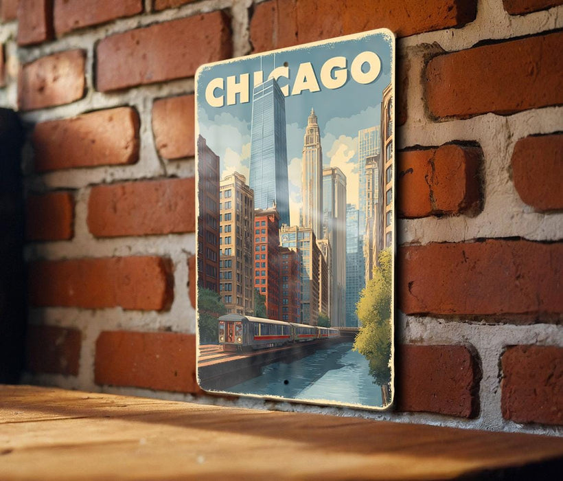 A vintage-style poster of Chicago's skyline, featuring the iconic Chicago skyline with skyscrapers and a train, is displayed on a brick wall.