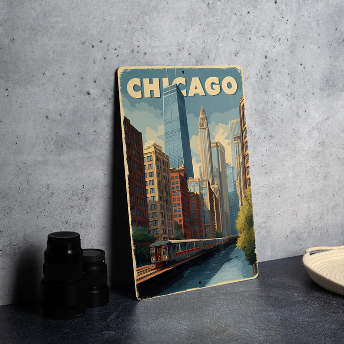 A vintage-style metal sign with the word "CHICAGO" prominently displayed, featuring an illustration of a cityscape with a train on a river.