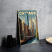 A vintage-style metal sign with the word "CHICAGO" prominently displayed, featuring an illustration of a cityscape with a train on a river.