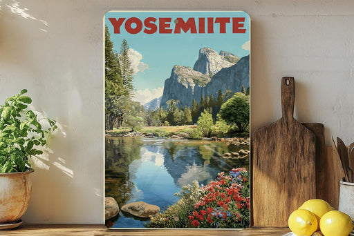A framed poster of Yosemite National Park, featuring a scenic landscape with mountains, trees, and a river with flowers.