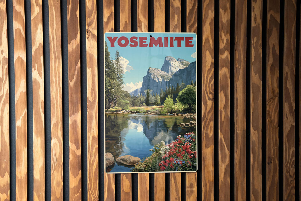 A vintage-style poster of Yosemite National Park, featuring a scenic landscape with mountains, trees, and a lake, is displayed on a wooden wall.