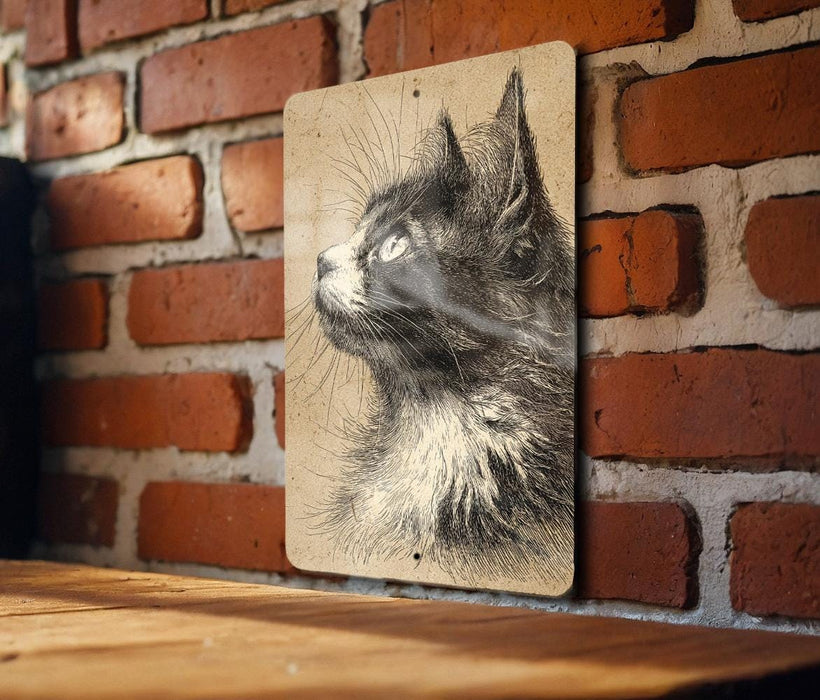 A black and white drawing of a cat's profile is displayed on a brick wall, with a wooden table in the foreground.