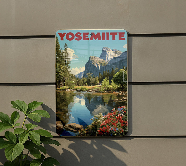 A framed photograph of Yosemite National Park, featuring a serene landscape with a lake, mountains, and colorful flowers.