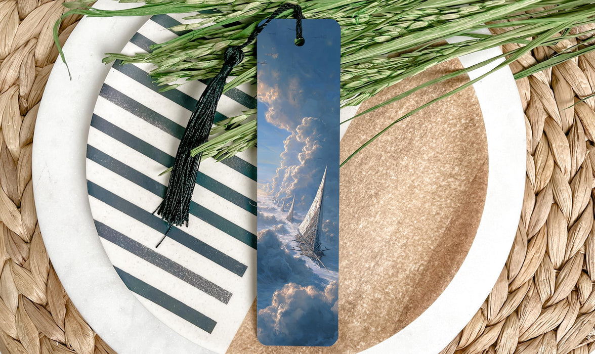A bookmark with a picture of a sailboat on a cloudy sky is placed on a plate with a striped pattern.