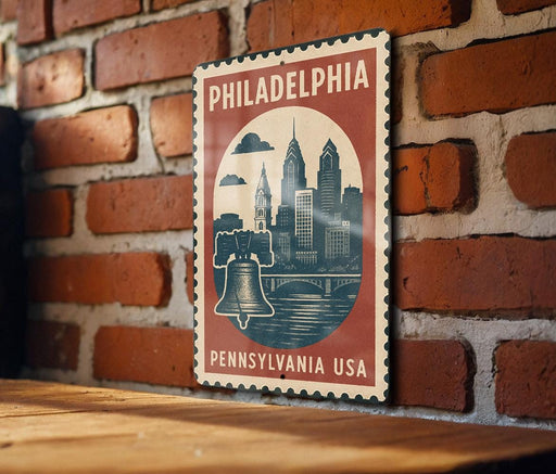 A vintage-style metal sign with the text "PHILADELPHIA PENNSYLVANIA USA" and an illustration of Philadelphia's skyline, including the Liberty Bell, is displayed on a brick wall.