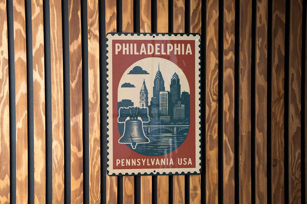 A vintage-style metal stamp depicting Philadelphia, Pennsylvania, USA, with a bell tower and city skyline.