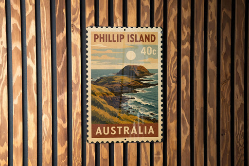 A vintage postage stamp from Australia depicting a scenic coastal landscape with a rocky island and ocean in the background.