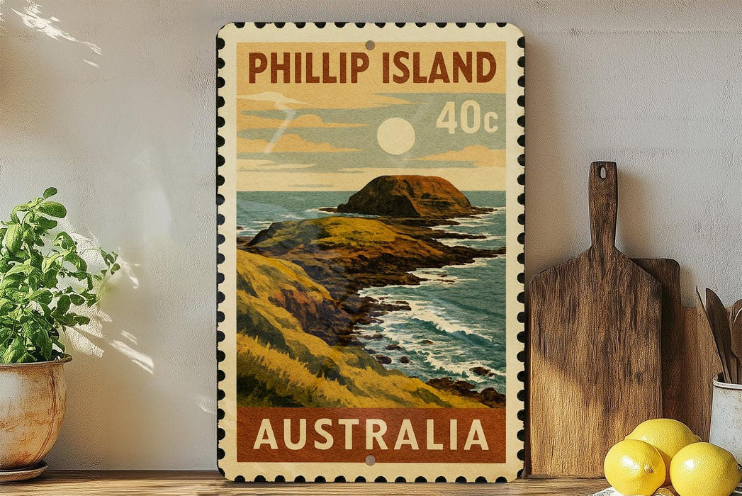 A vintage postage stamp from Phillip Island, Australia, featuring a scenic coastal landscape with a rocky island and ocean.
