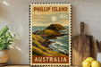 A vintage postage stamp from Phillip Island, Australia, featuring a scenic coastal landscape with a rocky island and ocean.