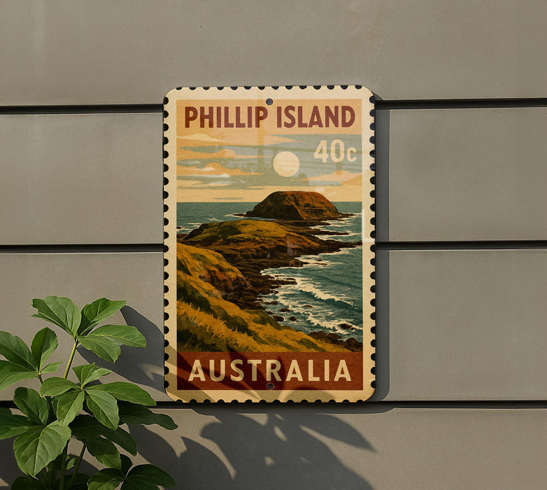 A postage stamp depicting a scenic coastal landscape with mountains, water, and a moon, mounted on a wall.