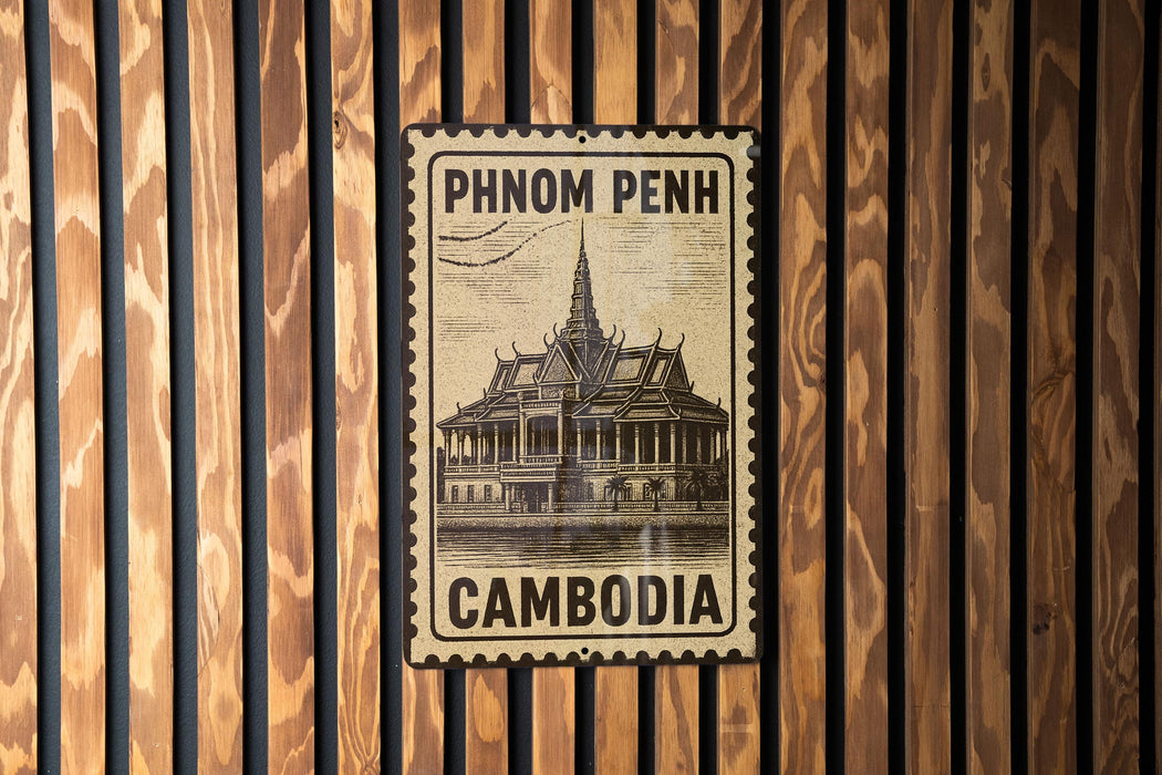 A metal sign with text and an illustration of a building, mounted on a wooden wall.
