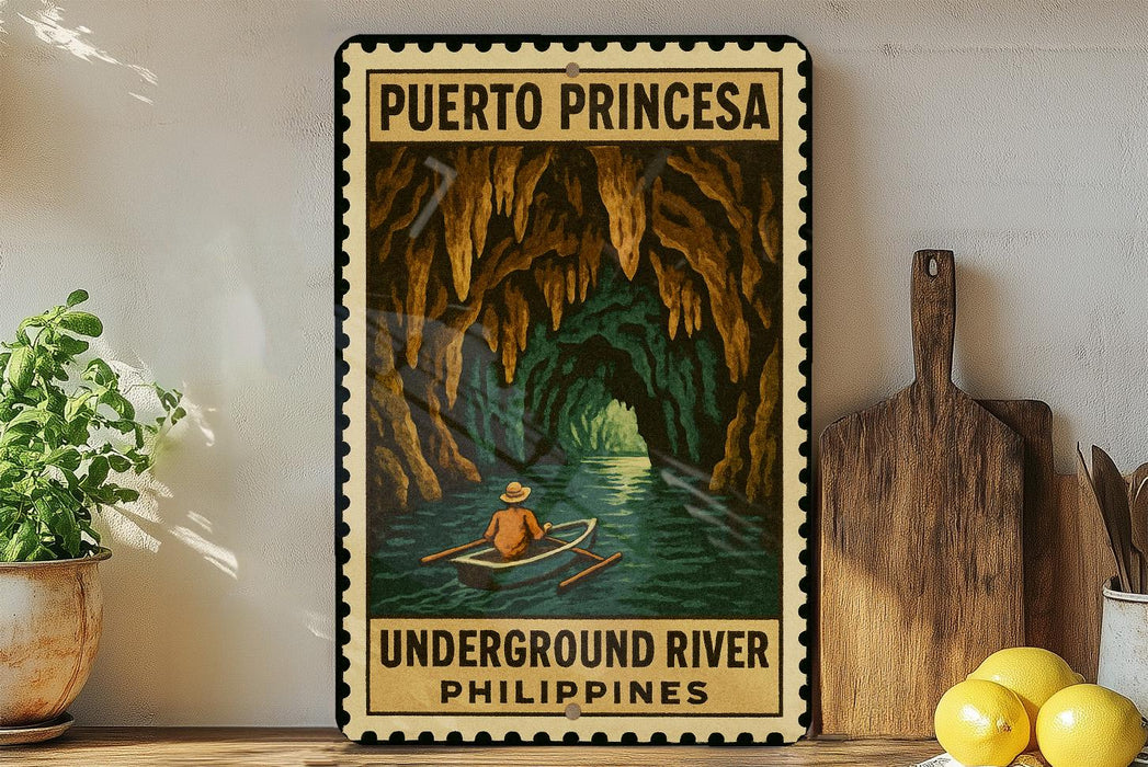 A vintage-style poster advertising Puerto Princesa's underground river, featuring a person in a boat on the river.