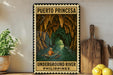 A vintage-style poster advertising Puerto Princesa's underground river, featuring a person in a boat on the river.