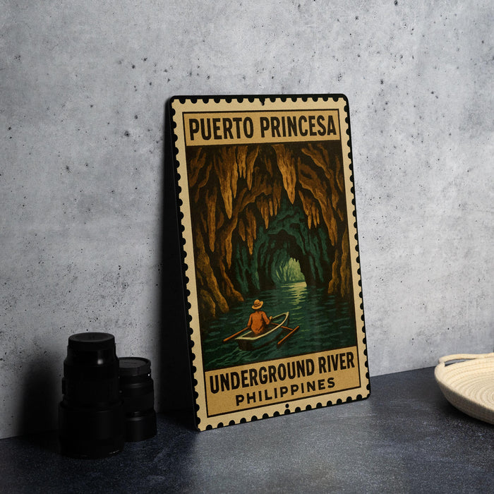 A vintage-style metal sign for Puerto Princess, an underground river in the Philippines, featuring an illustration of a person in a boat exploring the cave system.
