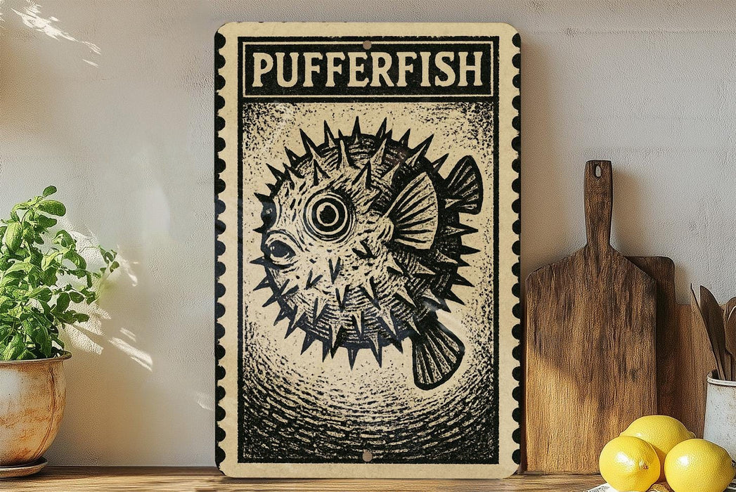 a framed artwork of a pufferfish on a shelf, with a wooden cutting board and a potted plant to the side.
