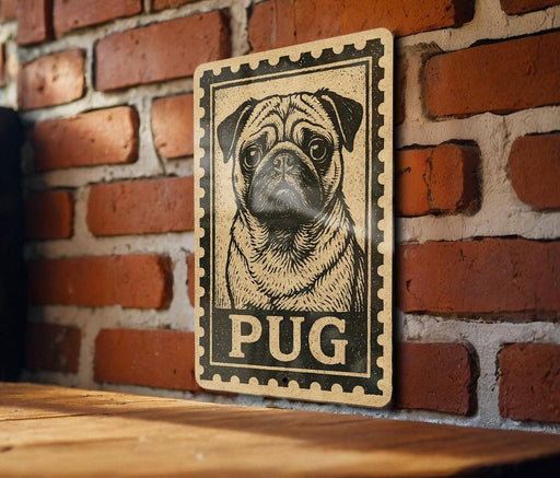 A wooden table with a vintage-style pug dog stamp on the wall.