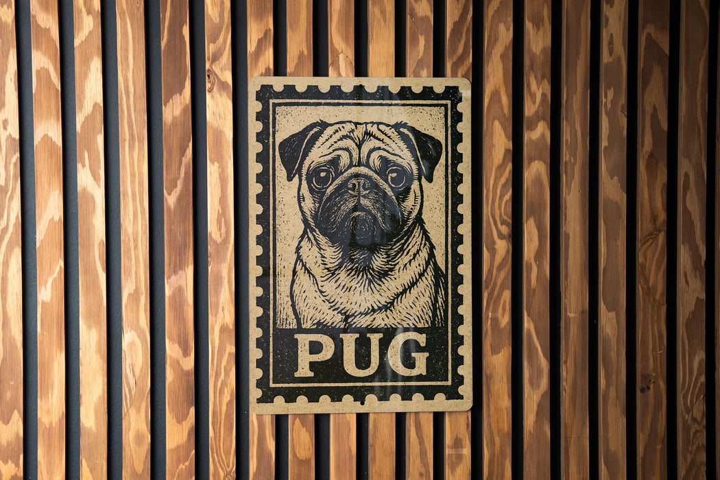 A pug dog is depicted on a postage stamp-like sign, which is mounted on a wooden wall.