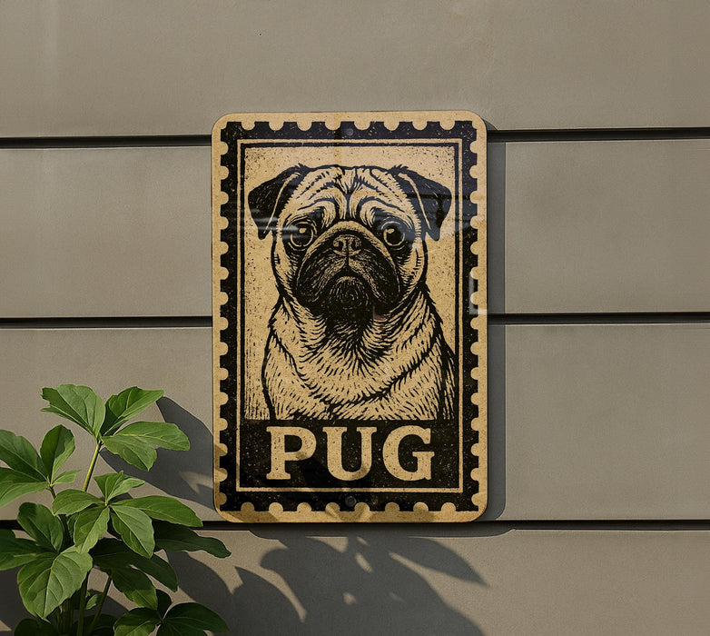 A wooden sign featuring a pug dog, with the word "Pug" written below the image.