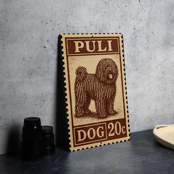 A wooden sign with a dog illustration and the text "PULI DOG 20c" is displayed on a table.
