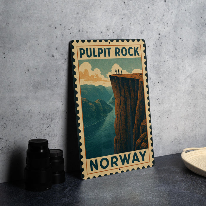 A vintage metal sign with the text "PULPIT ROCK NORWAY" and an illustration of a cliff overlooking a river, placed on a gray countertop next to some black camera lenses.