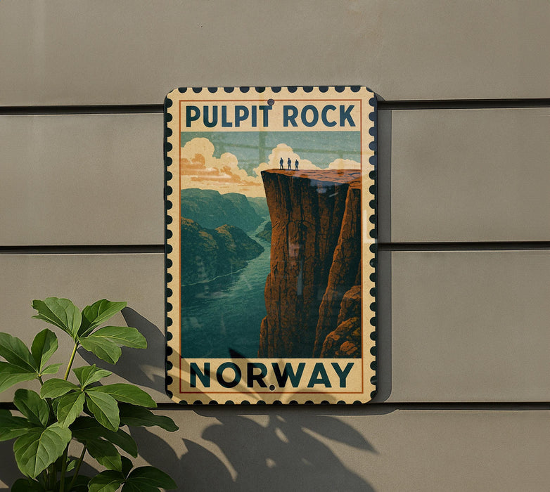 A vintage postage stamp depicting a scenic view of Pulpit Rock in Norway, with a group of people standing on the edge of the cliff overlooking the landscape.