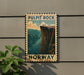 A vintage postage stamp depicting a scenic view of Pulpit Rock in Norway, with a group of people standing on the edge of the cliff overlooking the landscape.