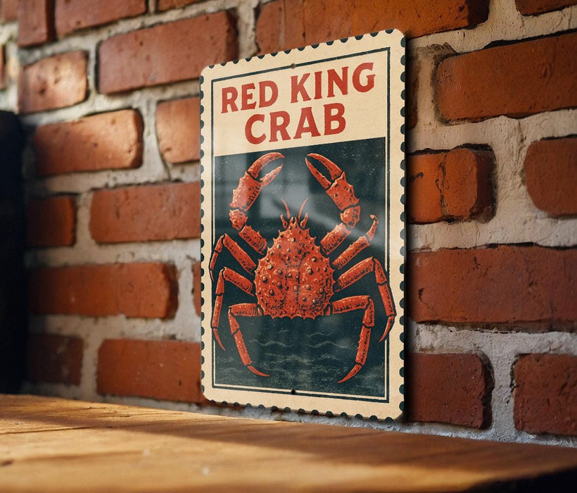 A framed poster of a red crab is hanging on a brick wall.