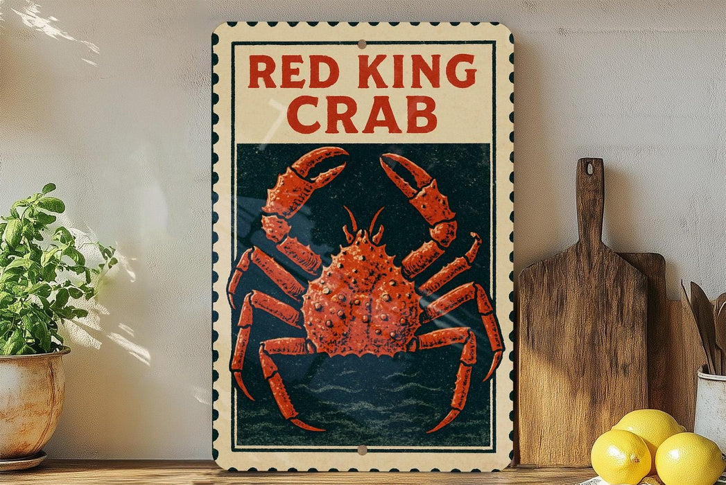 a vintage-style sign with the text "Red King Crab" and an illustration of a large red crab. The sign is displayed on a wooden shelf, with a potted plant to the left and a wooden cutting board to the right.