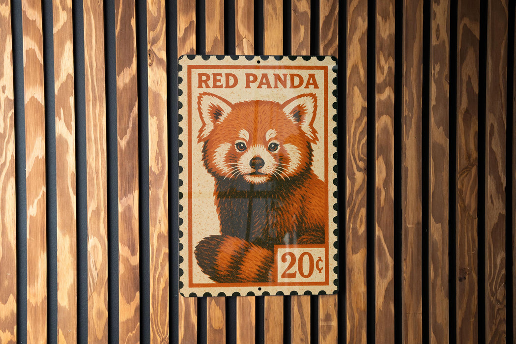 A vintage-style stamp featuring a red panda, with the text "RED PANDA" and "20¢" printed on it.