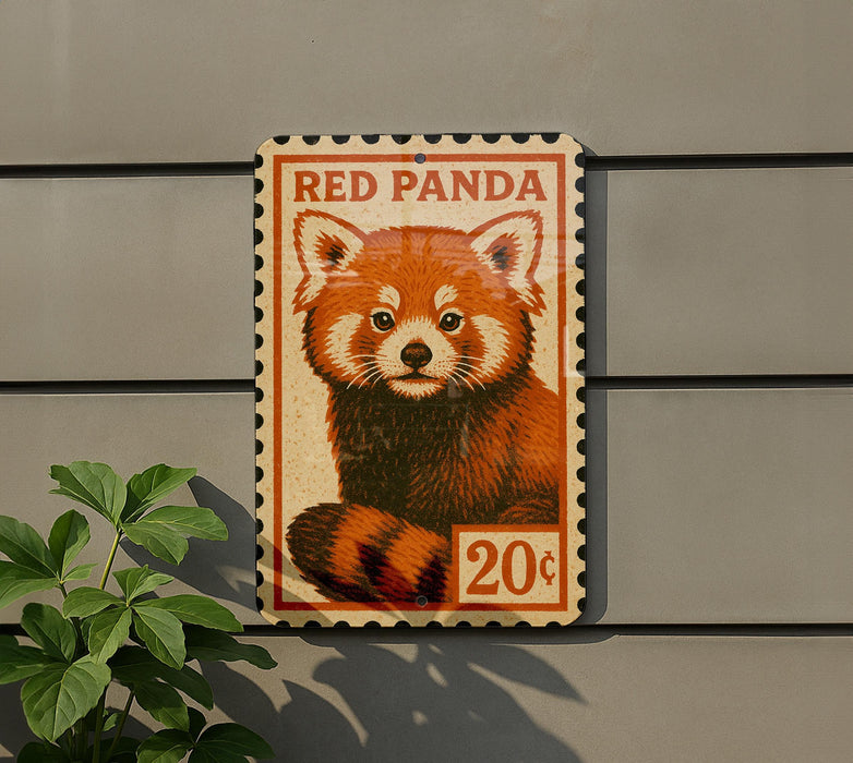 A red panda stamp is affixed to a gray wall, featuring a close-up of the panda's face.