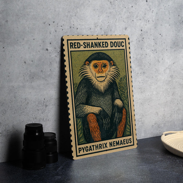 A wooden frame with a printed illustration of a red-shanked douc, a type of primate, on a green background.