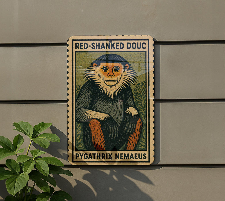 a poster of a red-shanked douc, a type of primate, hanging on a wall.