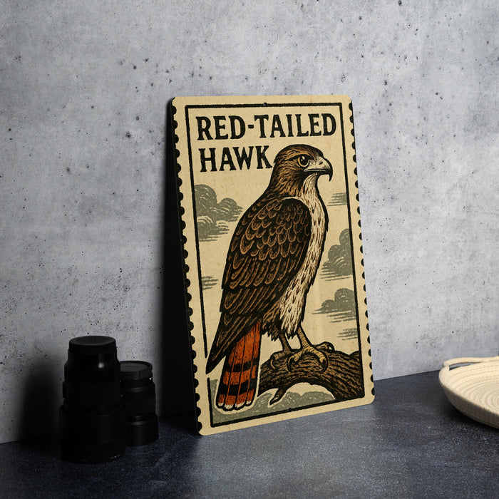 a framed illustration of a red-tailed hawk perched on a branch, with a text label above the illustration that reads "RED TAILED HAWK".