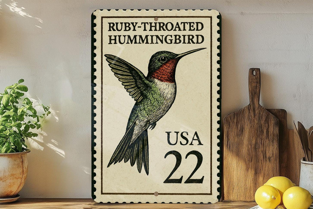 A framed postage stamp featuring a hummingbird, with the text "Ruby-throated Hummingbird" and "USA 22" printed on it. The stamp is placed on a wooden surface, with a potted plant, a cutting board, and some lemons nearby.