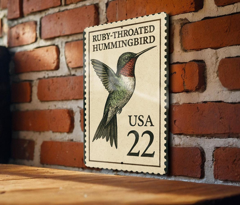 A framed image of a hummingbird, which appears to be a postage stamp, is mounted on a brick wall.