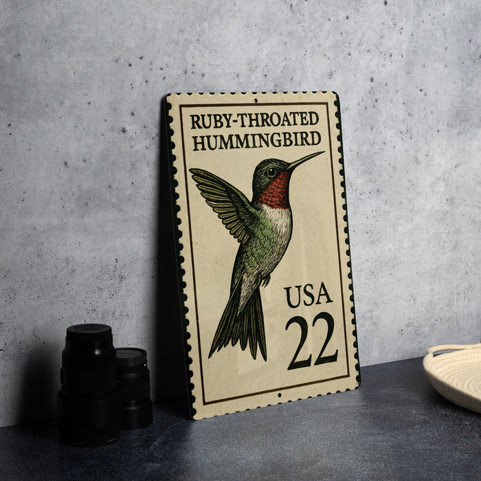 A vintage-style postage stamp featuring a hummingbird, with the text "Ruby-Throated Hummingbird" and "USA 22" printed on it.