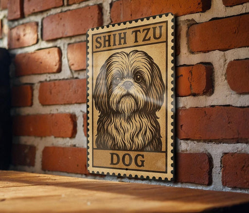 A wooden table with a framed poster of a Shih Tzu dog on it, mounted on a brick wall.