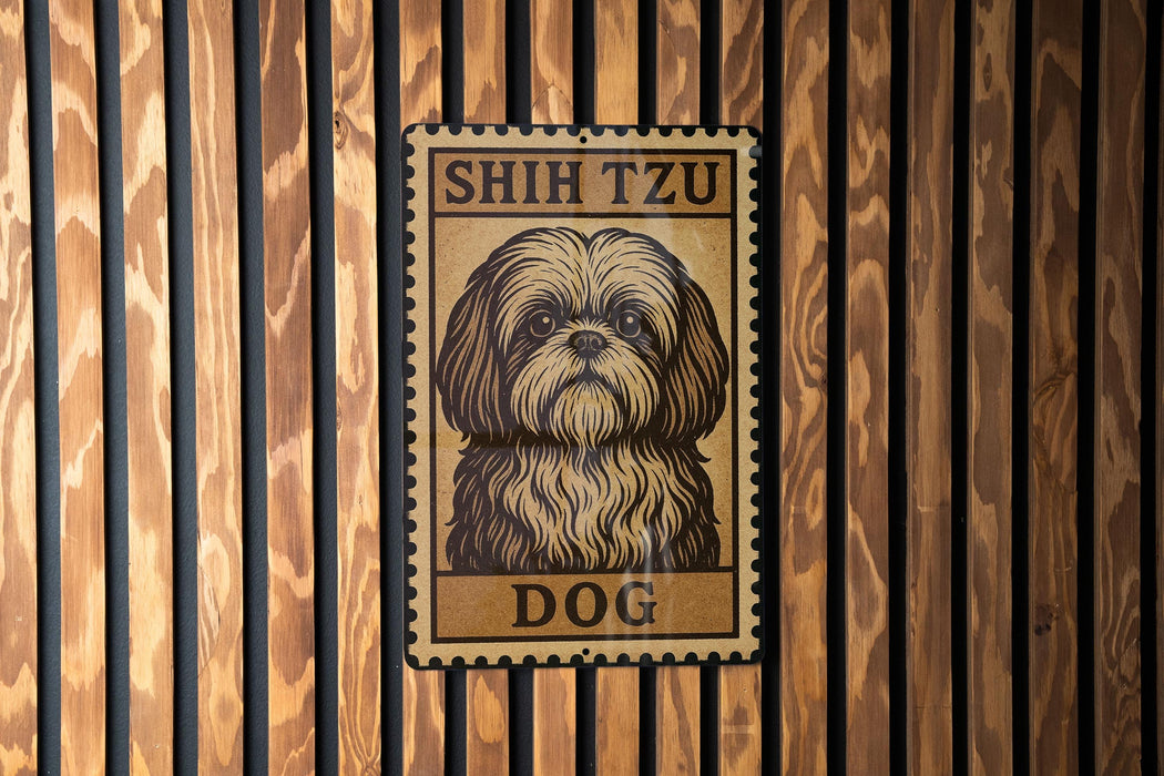 A metal sign with a dog illustration on it is mounted on a wooden wall.