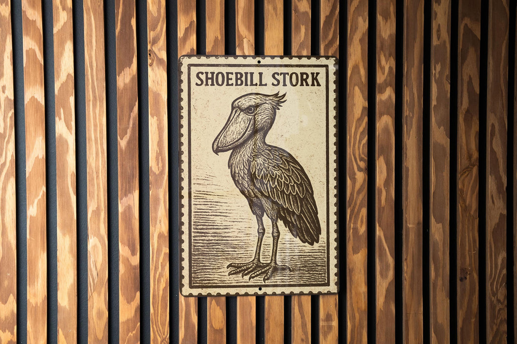A sign featuring a stork, a large wading bird, is displayed against a wooden background.