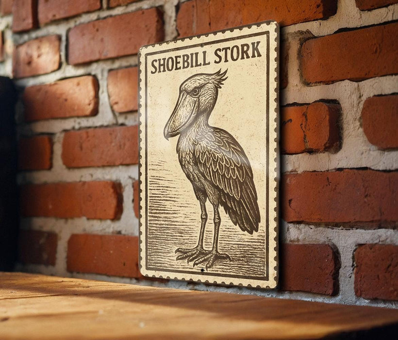 A metal sign featuring an illustration of a stork is mounted on a brick wall.