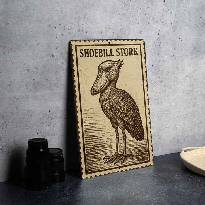 A metal sign featuring an illustration of a Shoebill Stork, a large wading bird, is displayed on a table.