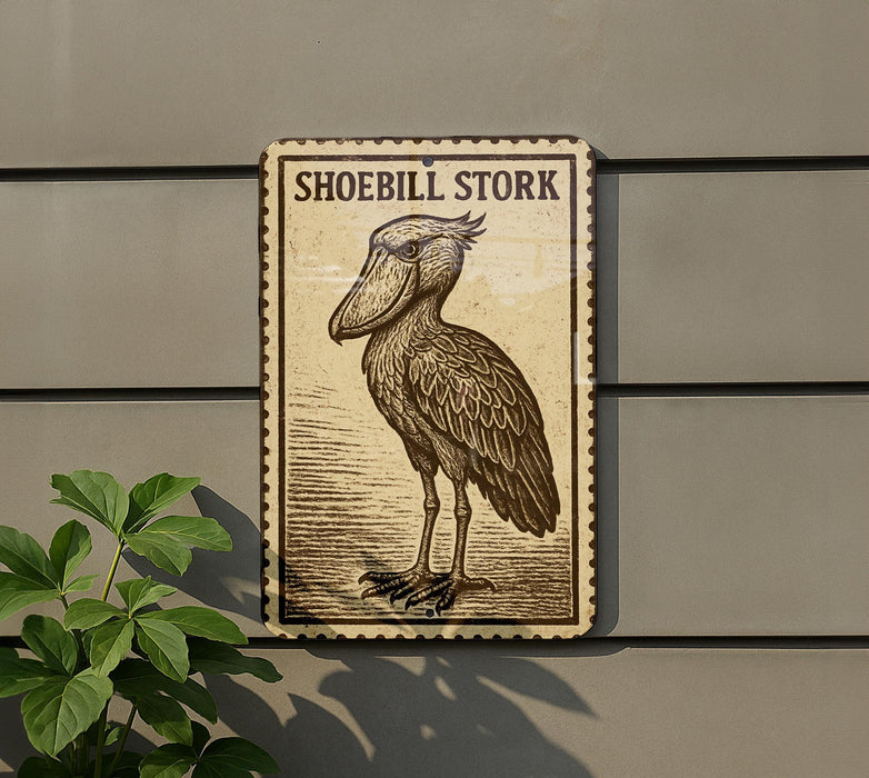 a sign with a stork illustration on it, mounted on a wall next to a plant.