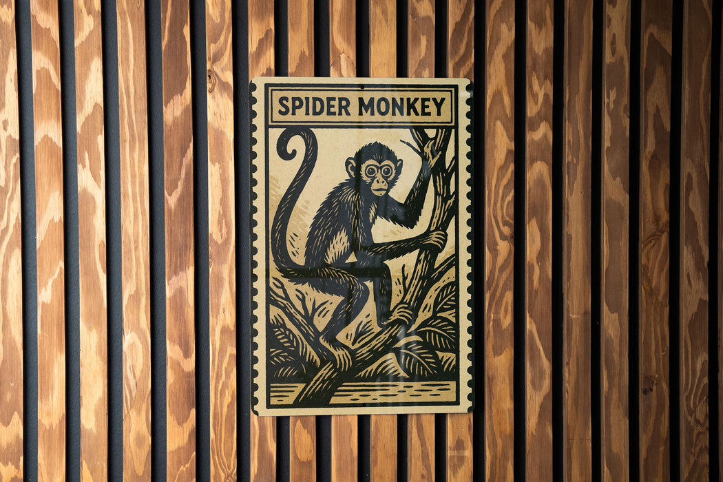 A poster of a spider monkey is displayed on a wooden wall.