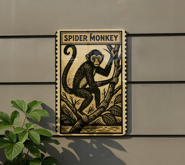 a sign depicting a spider monkey, which is mounted on a wall.